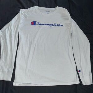 Champion White Long Sleeve Script Logo Shirt with Blue and Red Accents